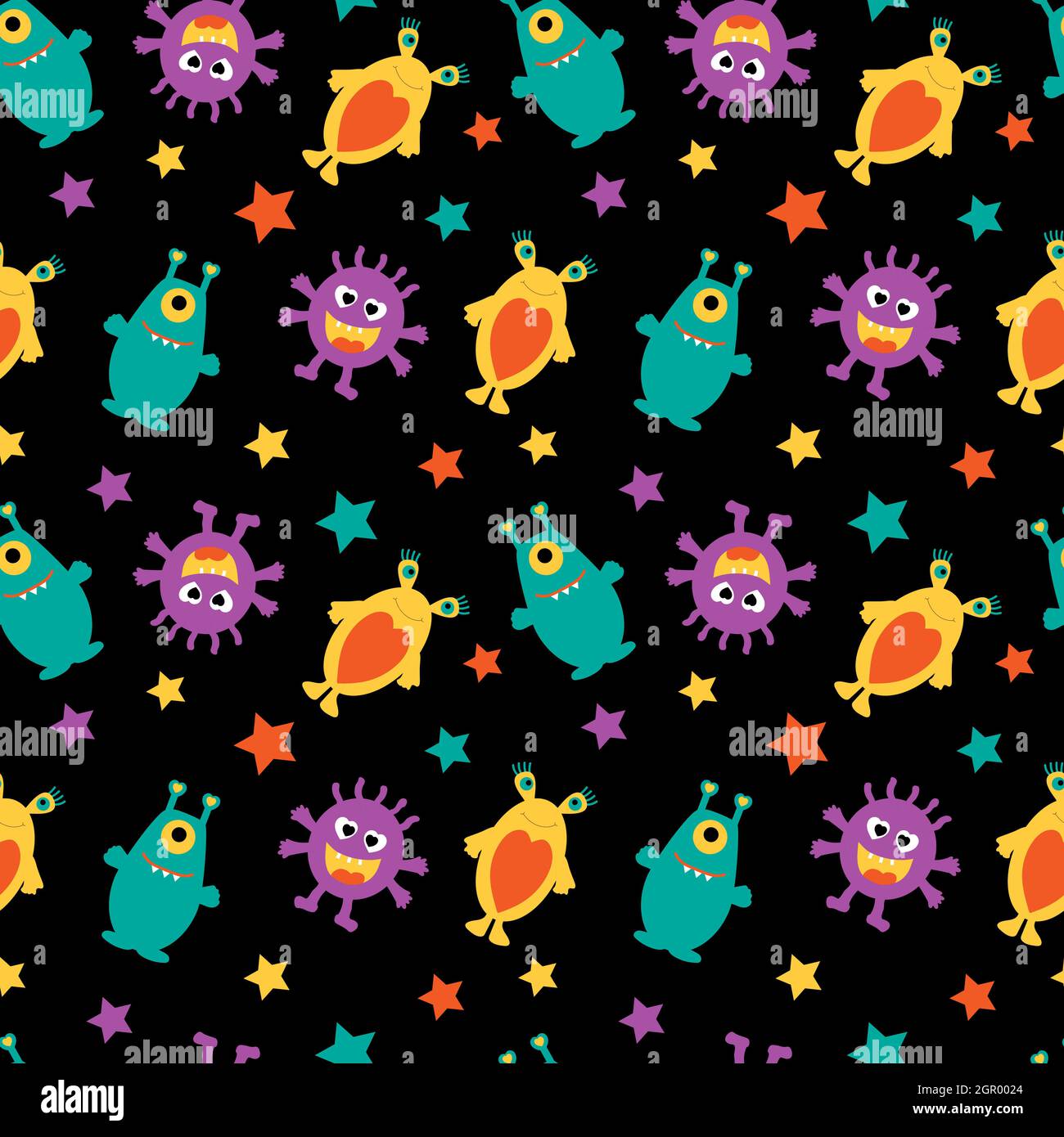 Divertenti alieni e stelle multicolore su sfondo nero. Illustrazione Vettoriale