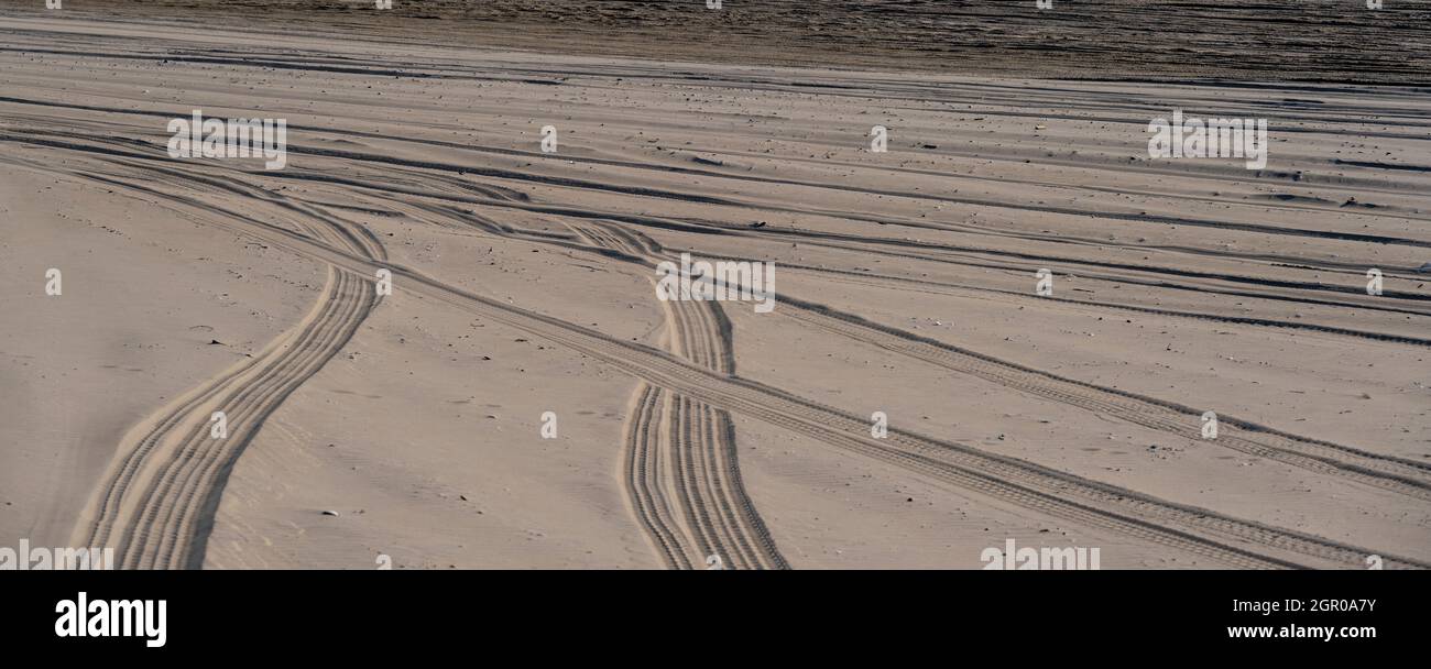 Foto dei cingoli degli pneumatici di un veicolo fuoristrada sulla sabbia. Foto Stock