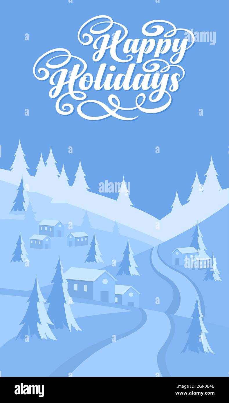 Sfondo paesaggio invernale con testo Happy Holidays Illustrazione Vettoriale