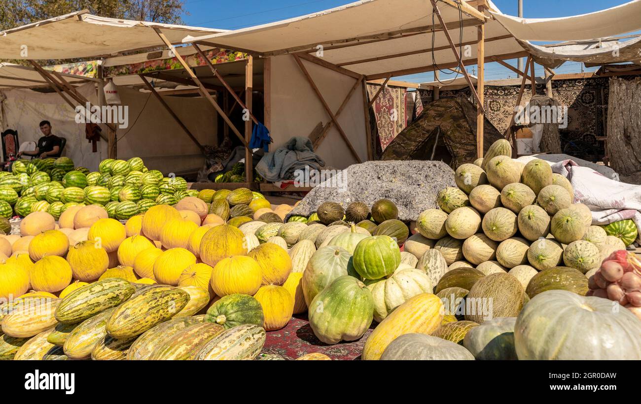 Meloni, cocomeri e zucche venduti sul terreno in mostra presso il mercato stagionale all'aperto di Kyzyl-Orda, Kazakhstan, Central, Asia Foto Stock