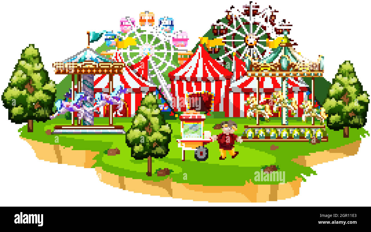 Scena con molte giostre nel parco del circo Illustrazione Vettoriale