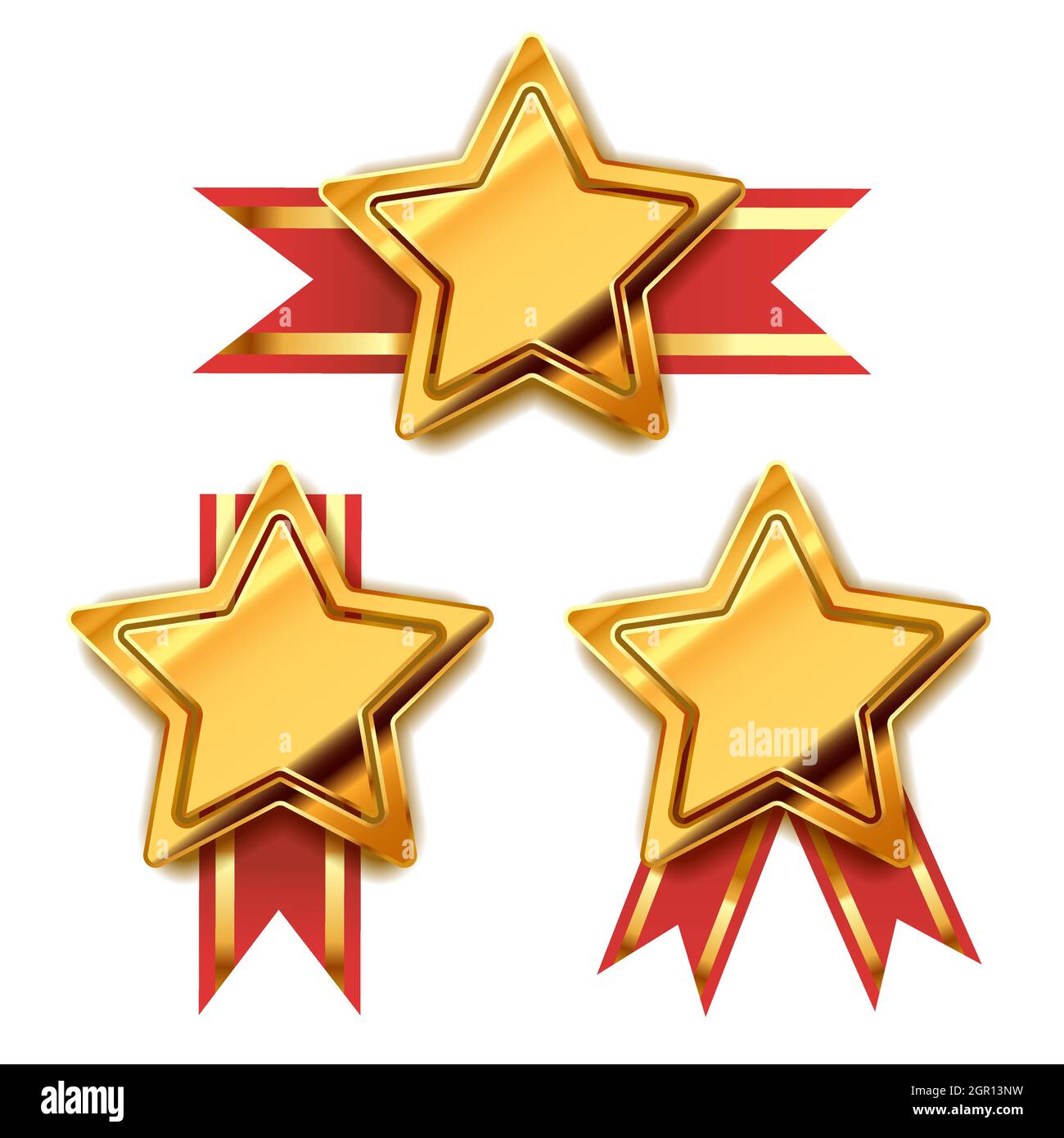 Set di premi in oro brillante a forma di stella con nastro rosso, badge lucidi per vincitori su bianco Illustrazione Vettoriale