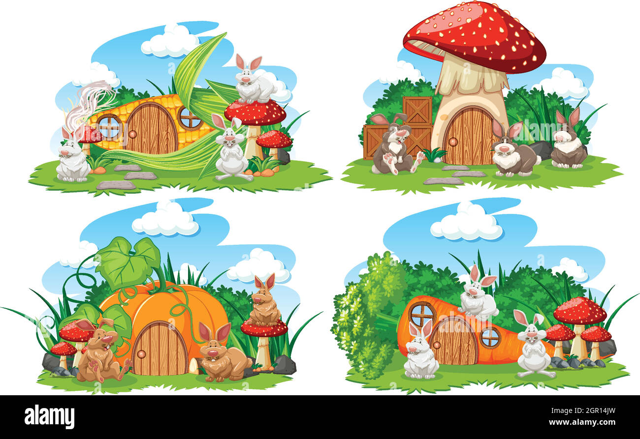 Set di case fantasia vegetale in giardino con animali carini isolati su sfondo bianco Illustrazione Vettoriale