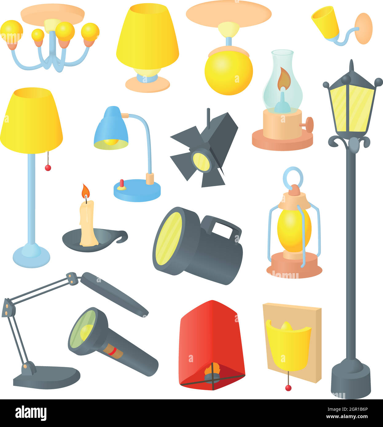 Icone di illuminazione set , in stile cartone animato Illustrazione Vettoriale