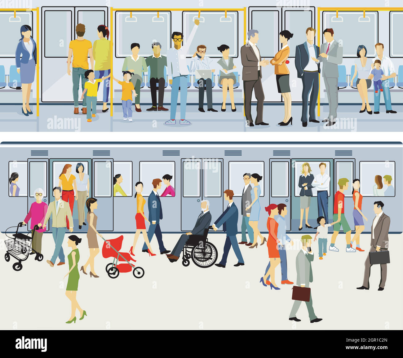 Persone con la metropolitana, con i mezzi pubblici Illustrazione Vettoriale