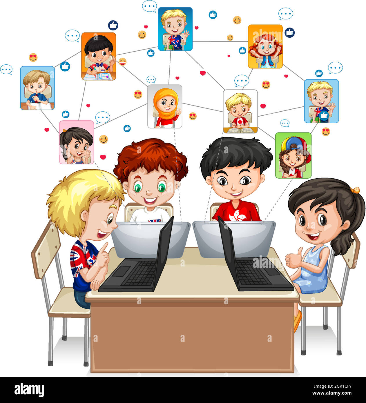 I bambini usano il laptop per comunicare la videoconferenza con l'insegnante e gli amici su sfondo bianco Illustrazione Vettoriale