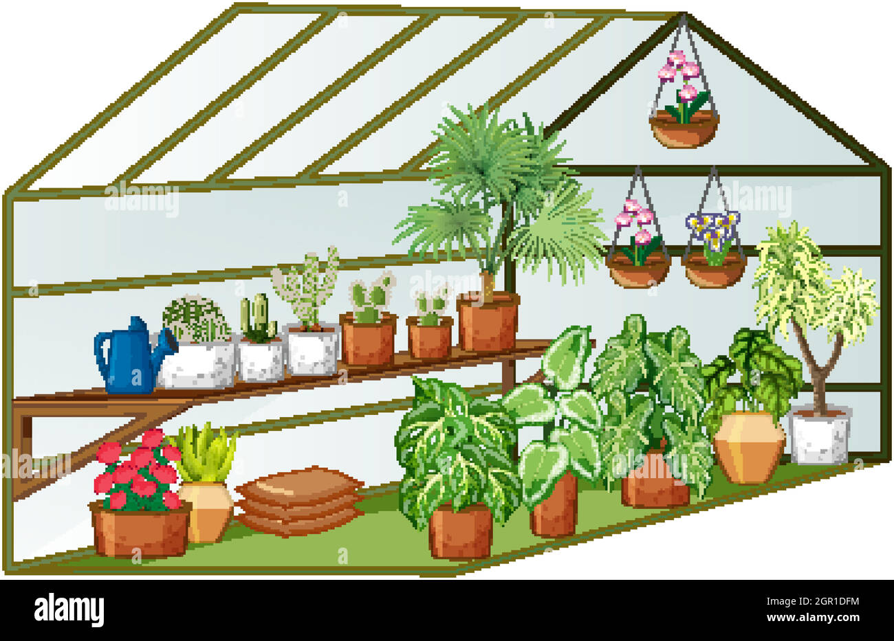 Vista aperta della serra con molte piante all'interno Illustrazione Vettoriale