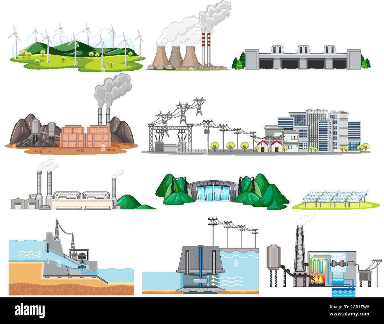 Costruzione di fabbriche industriali isolate su sfondo bianco Illustrazione Vettoriale