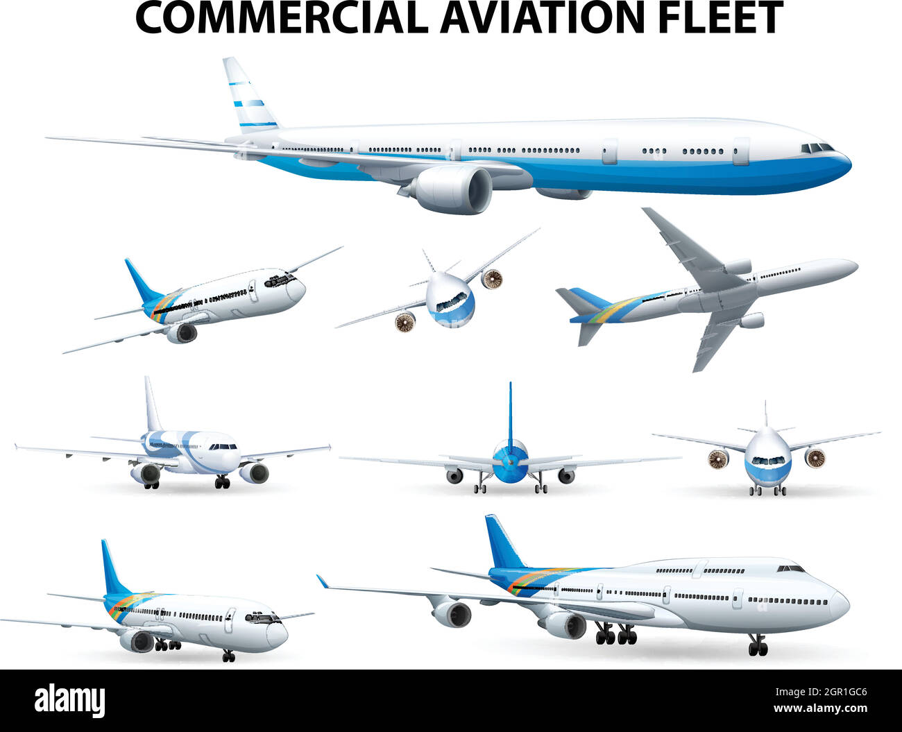 Velivolo in diverse posizioni per la flotta aerea commerciale Illustrazione Vettoriale