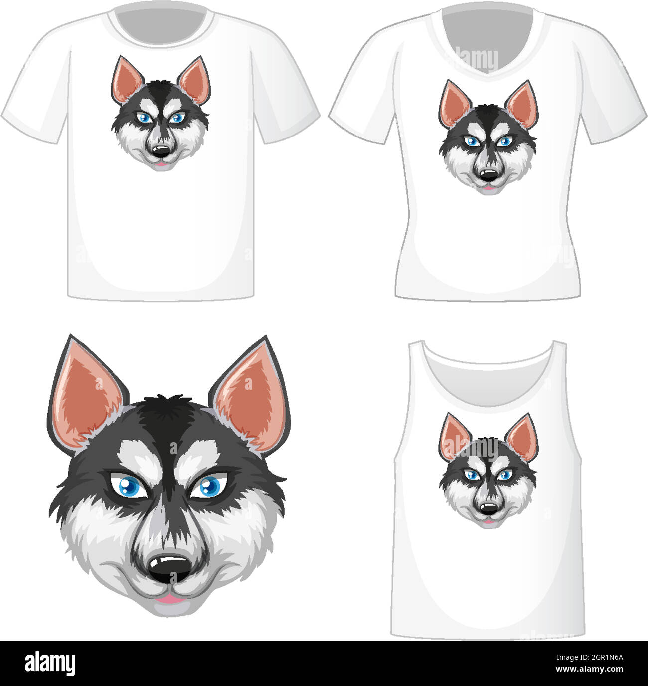 Logo fumetto Siberiano husky su diverse camicie bianche isolate su sfondo bianco Illustrazione Vettoriale