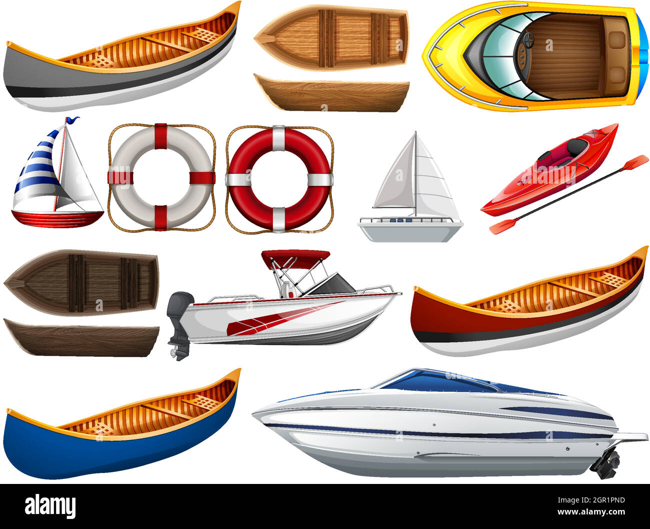 Set di diversi tipi di barche e nave isolata su sfondo bianco Illustrazione Vettoriale