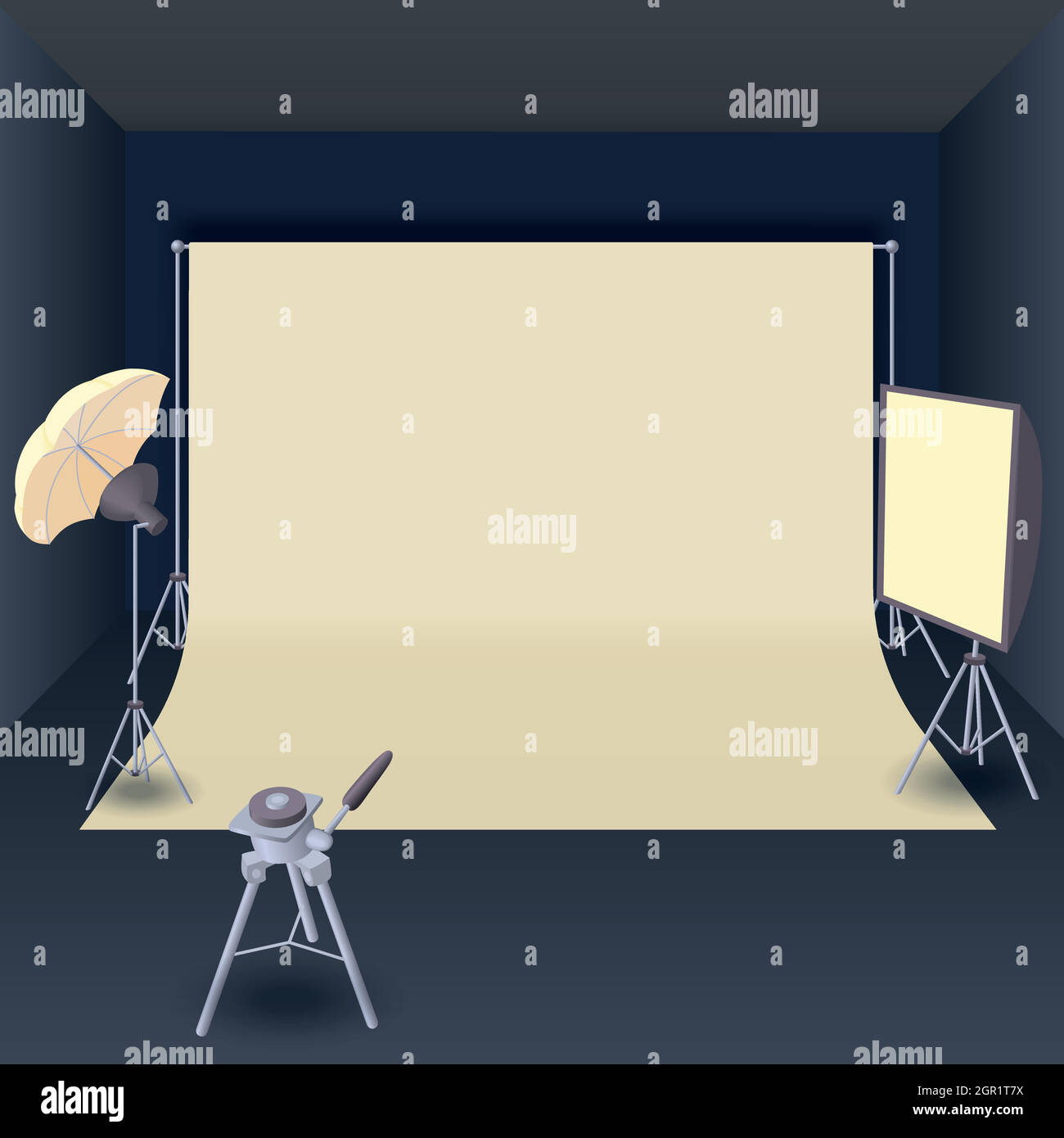 Foto in studio con apparecchiature di illuminazione in stile cartone animato Illustrazione Vettoriale