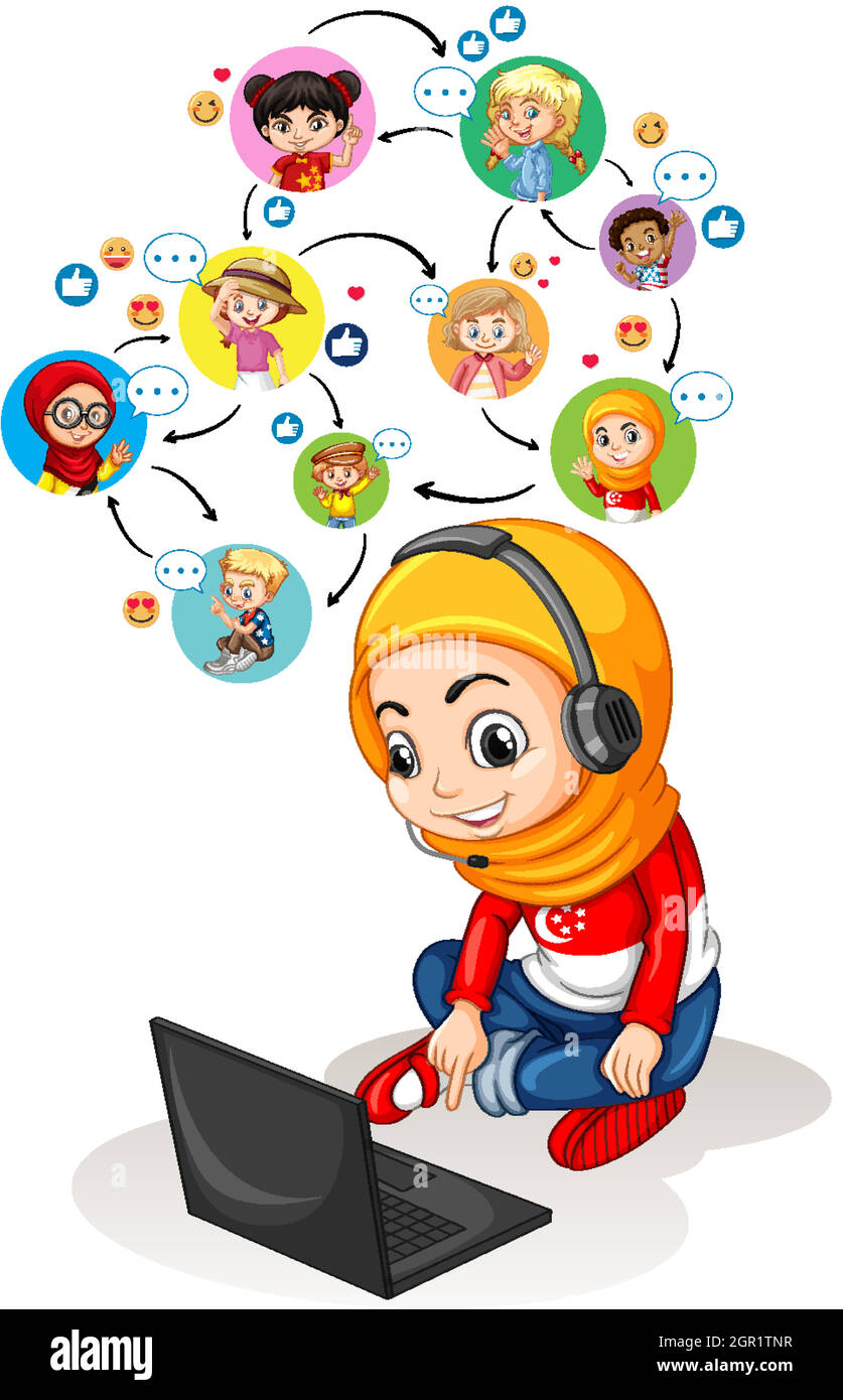 Una ragazza musulmana che usa il laptop per comunicare la videoconferenza con gli amici su sfondo bianco Illustrazione Vettoriale