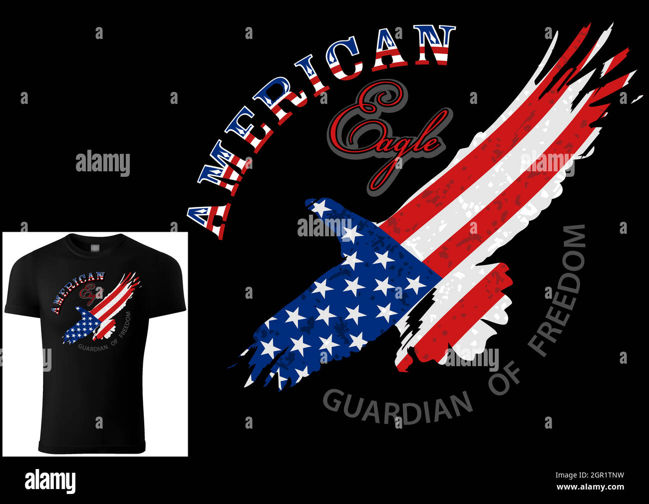 T-shirt Design American Eagle su sfondo nero Illustrazione Vettoriale