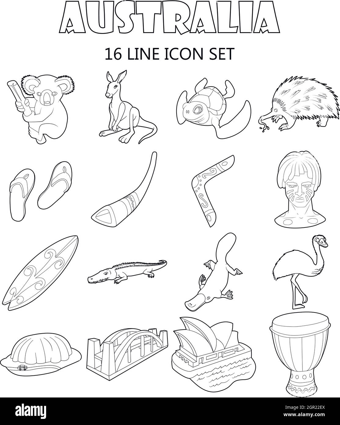 Australia set di icone di stile di contorno Illustrazione Vettoriale