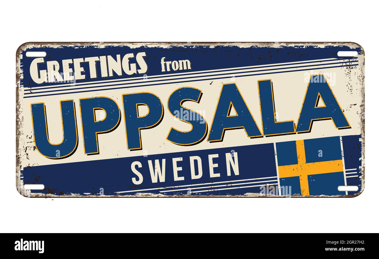 Saluti da Uppsala vintage arrugginito piatto di metallo su uno sfondo bianco, illustrazione vettoriale Illustrazione Vettoriale