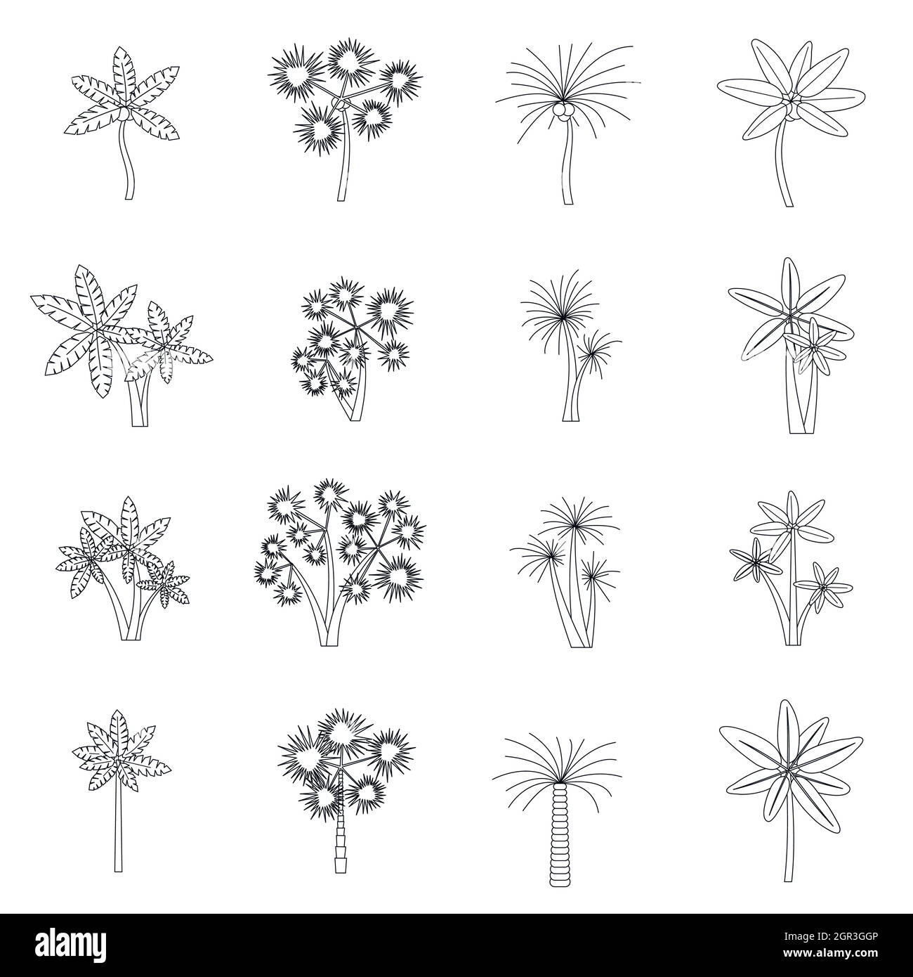 Palm tree set di icone di stile di contorno Illustrazione Vettoriale