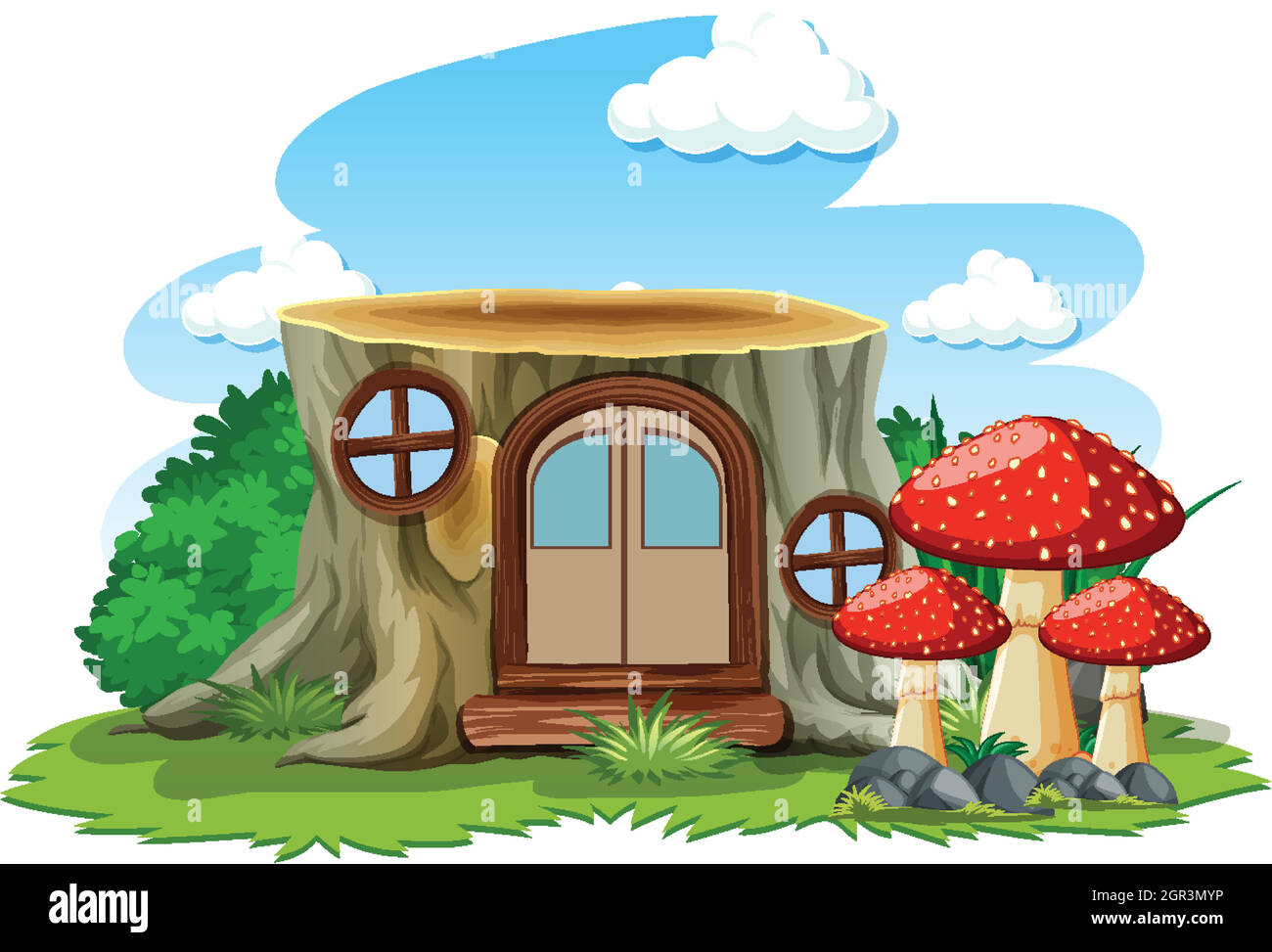 Casa moncone con funghi in stile cartoon su sfondo bianco Illustrazione Vettoriale