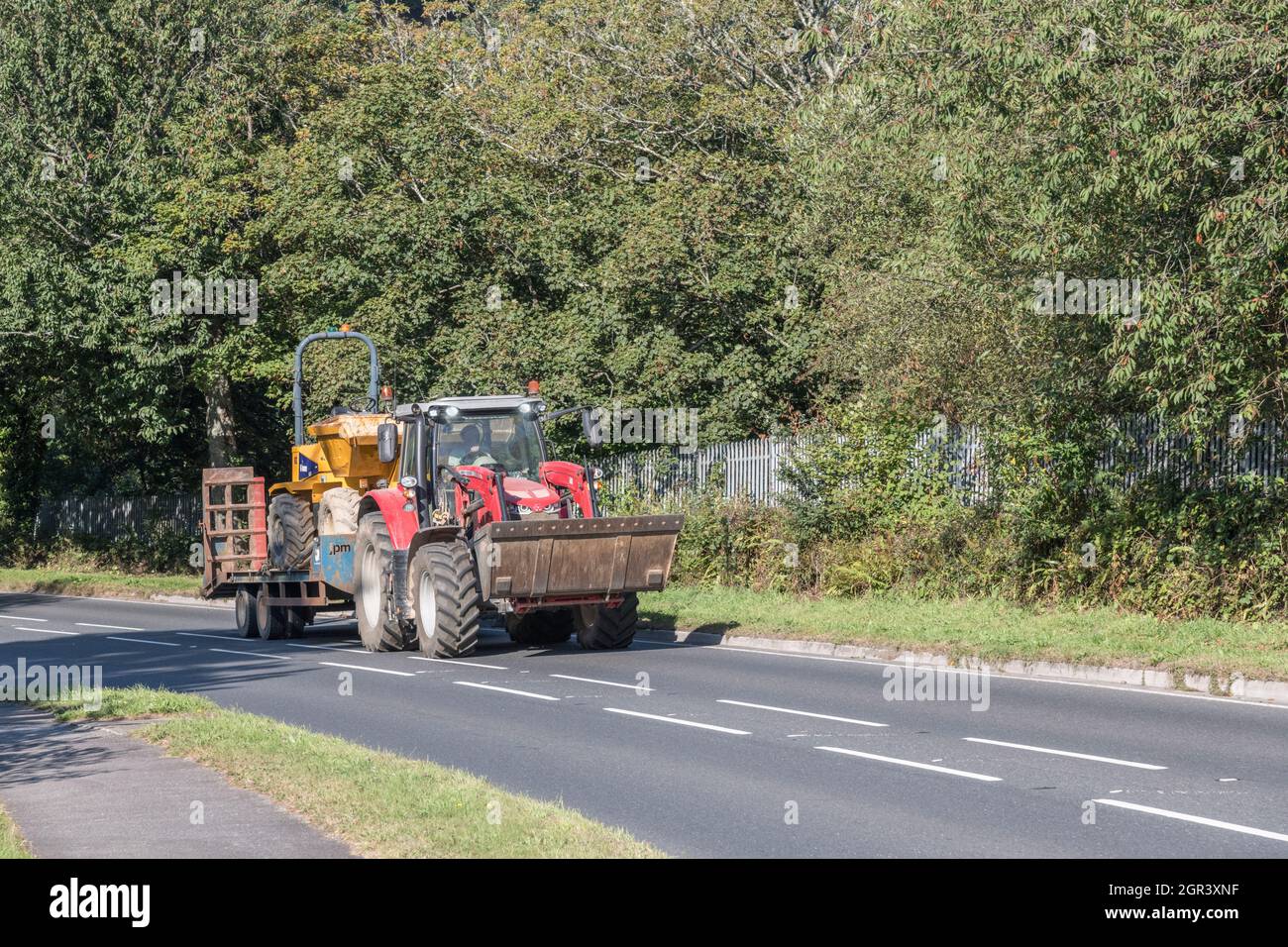 Massey Ferguson rossa (modello sconosciuto) in salita su una strada di campagna della Cornovaglia. Trasporto di un piccolo dumper giallo su un rimorchio. Foto Stock