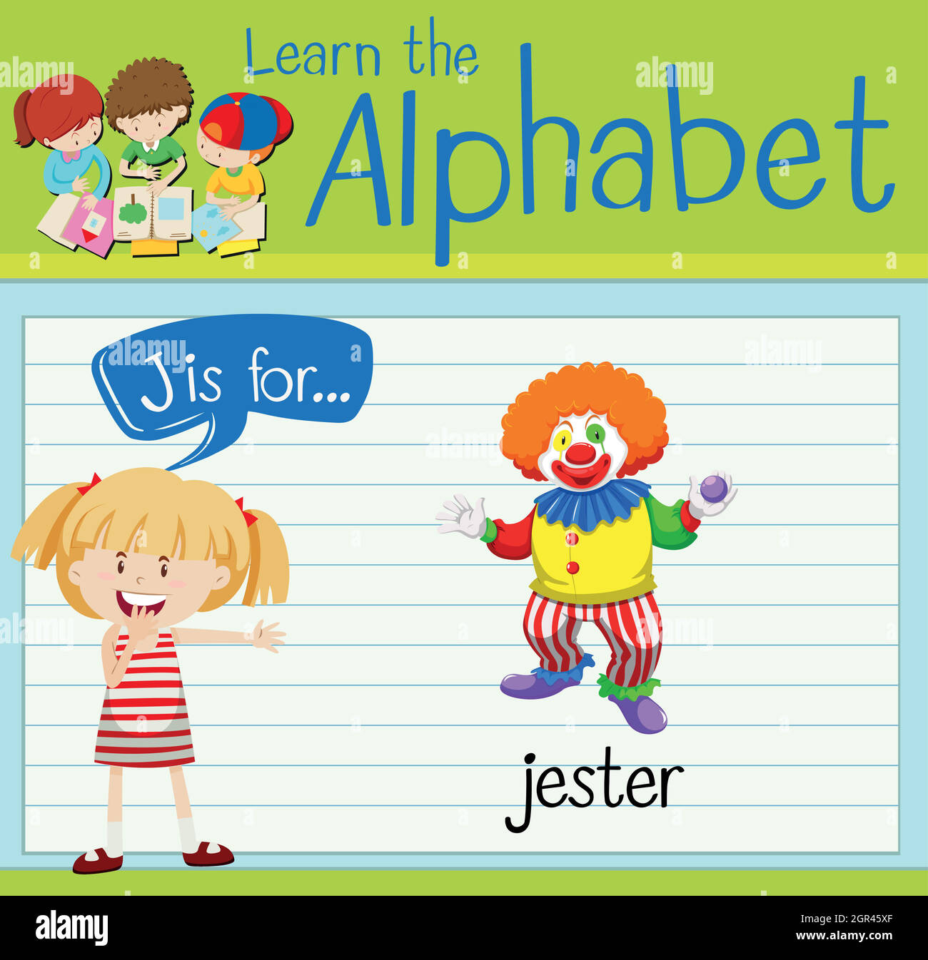 L'alfabeto J della flashcard è per il jester Illustrazione Vettoriale