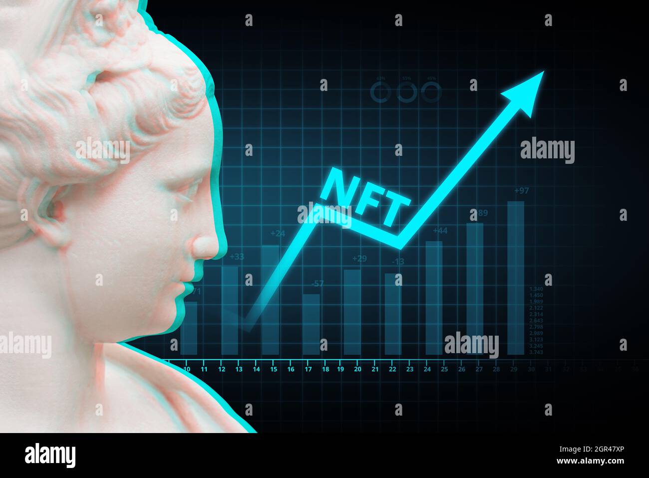 Concetto di crescita con UP Arrow digital art NFT il suo token non-fungibile. Foto Stock