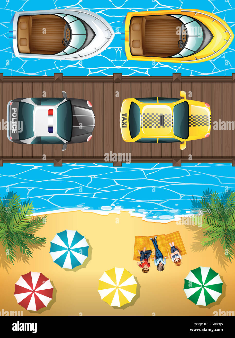 Scena oceanica con barche e automobili Illustrazione Vettoriale