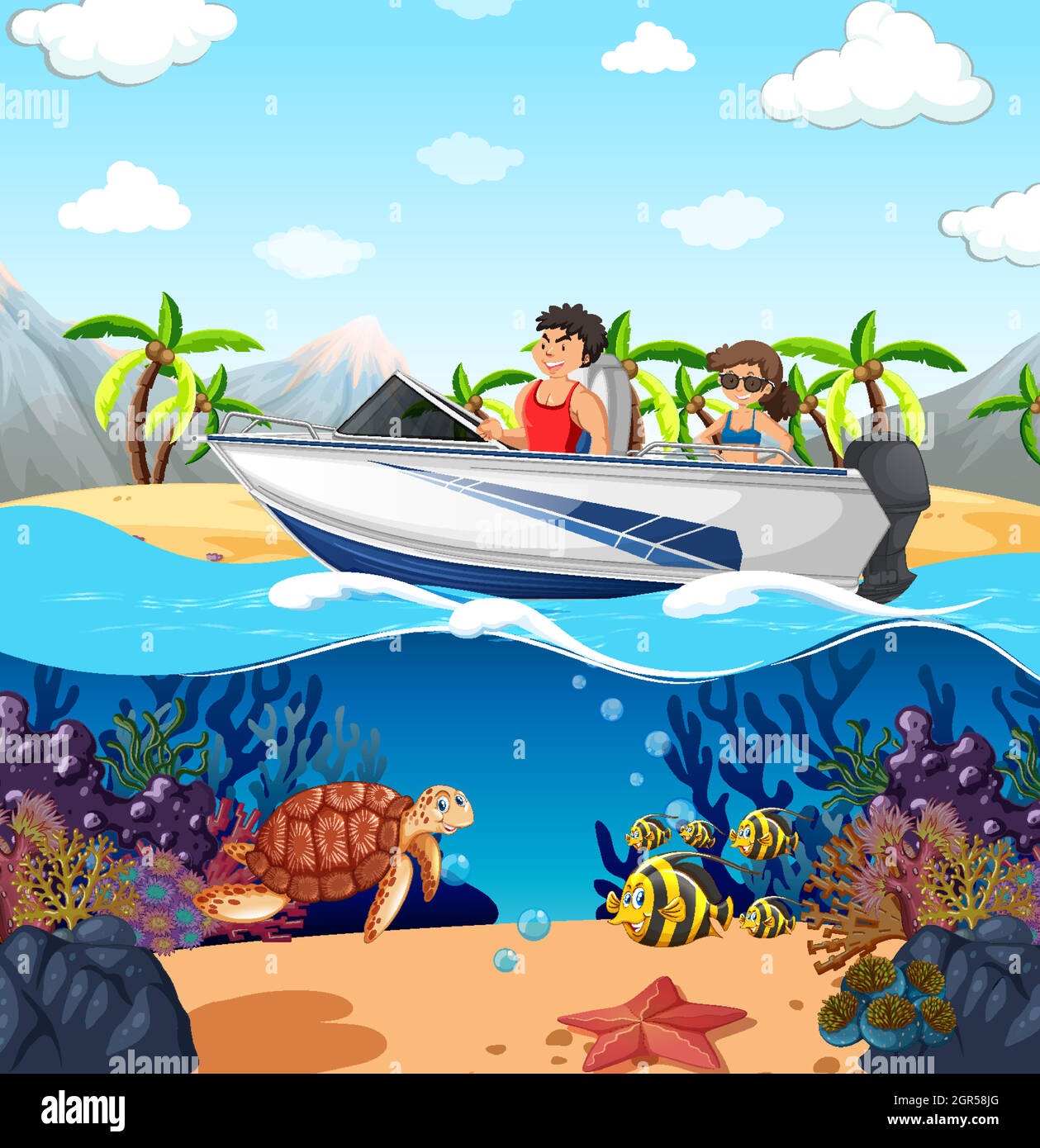 Sottomarino e la spiaggia con motoscafo Illustrazione Vettoriale