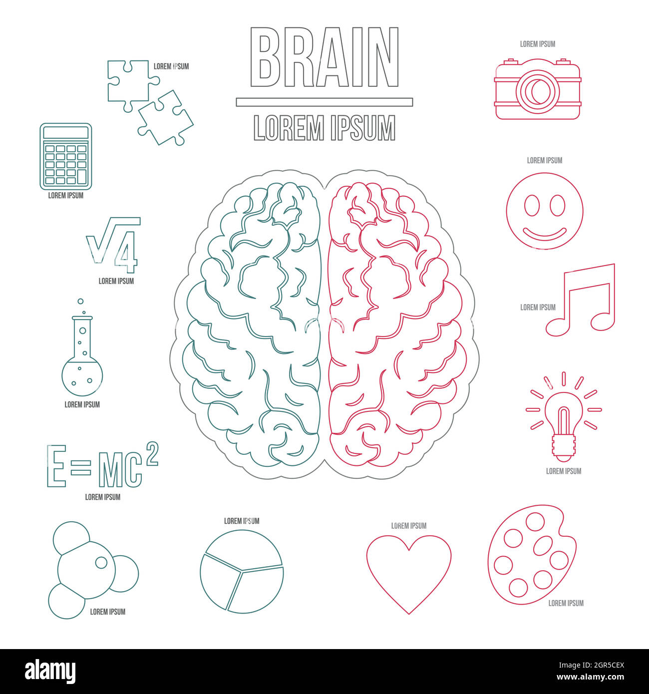 Cervello umano infographics impostare, stile contorno Illustrazione Vettoriale