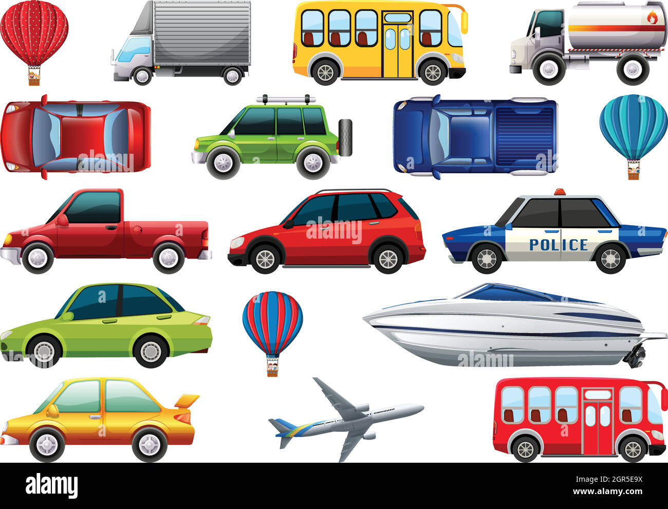 Pacchetto di trasporto con auto, camion, aerei, barche, autobus, bollatura Illustrazione Vettoriale