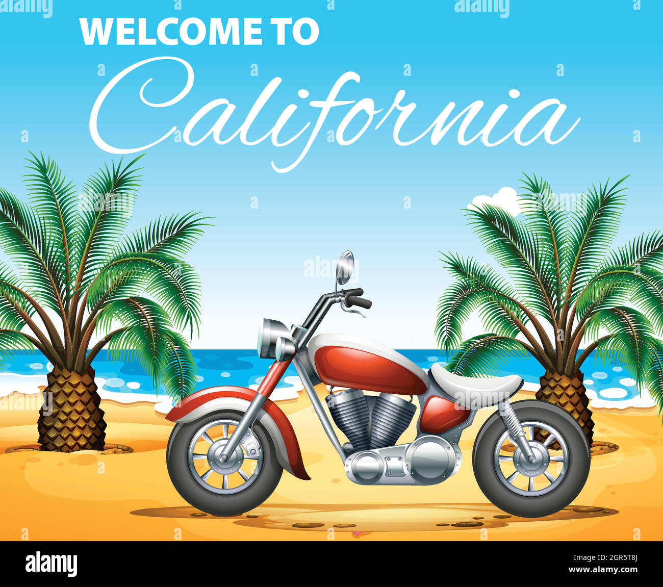 Benvenuto in California poster design con moto sulla spiaggia Illustrazione Vettoriale
