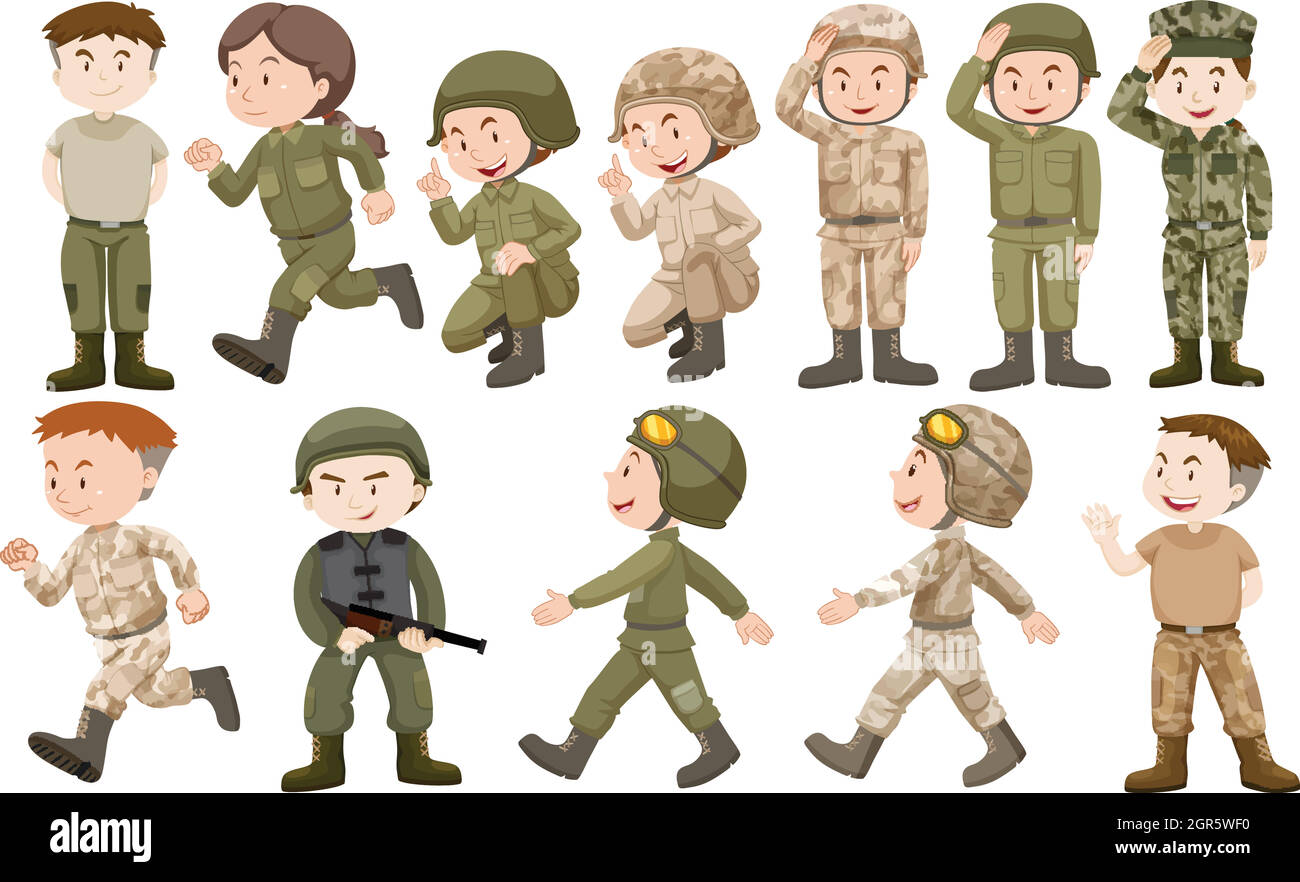 Uomini e donne soldati in uniforme Illustrazione Vettoriale