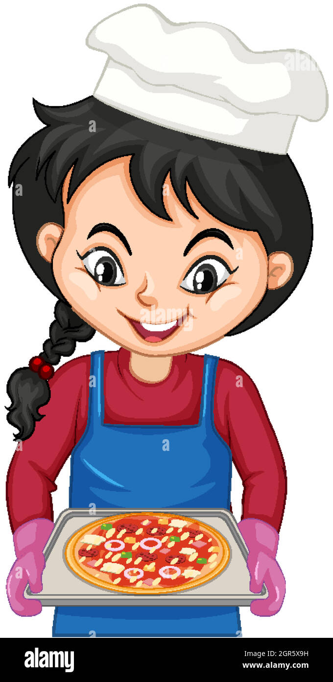 Personaggio fumetto Chef girl con vassoio per pizza Illustrazione Vettoriale