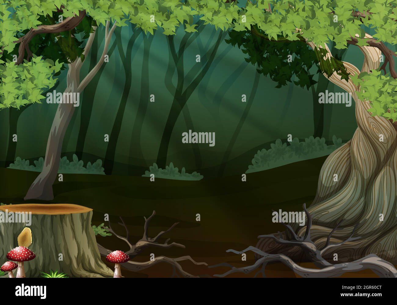 Foresta scura con albero di ceppo Illustrazione Vettoriale