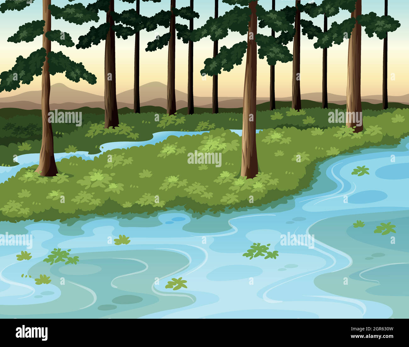 Scena naturale con foresta e fiume Illustrazione Vettoriale