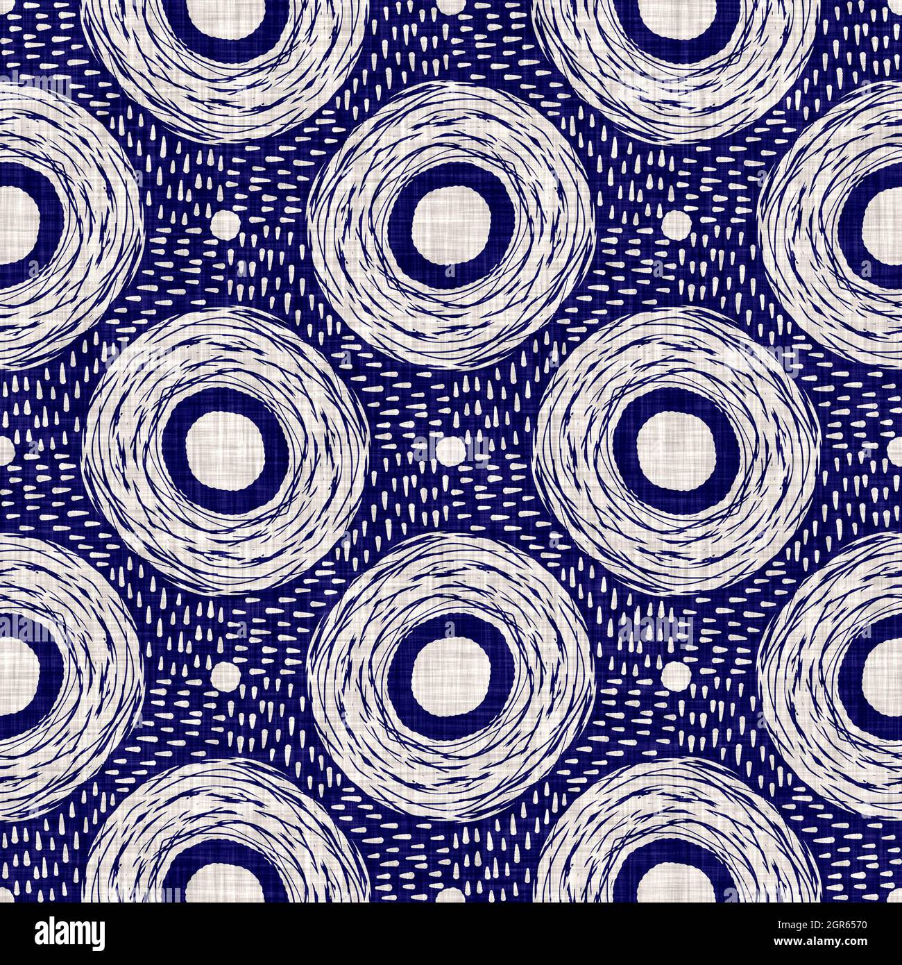 Texture indaco-cerchio senza cuciture. Sfondo blu effetto boro cotone tinto. Giappone ripetizione batik modello di resist. Stampe asiatiche stellato Foto Stock