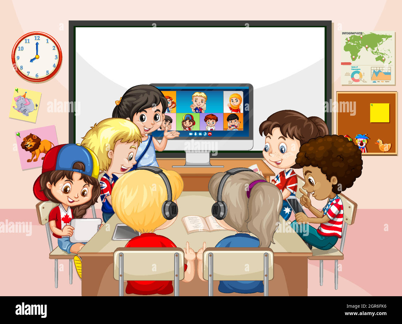 I bambini usano il laptop per comunicare la videoconferenza con l'insegnante e gli amici nella scena della classe Illustrazione Vettoriale