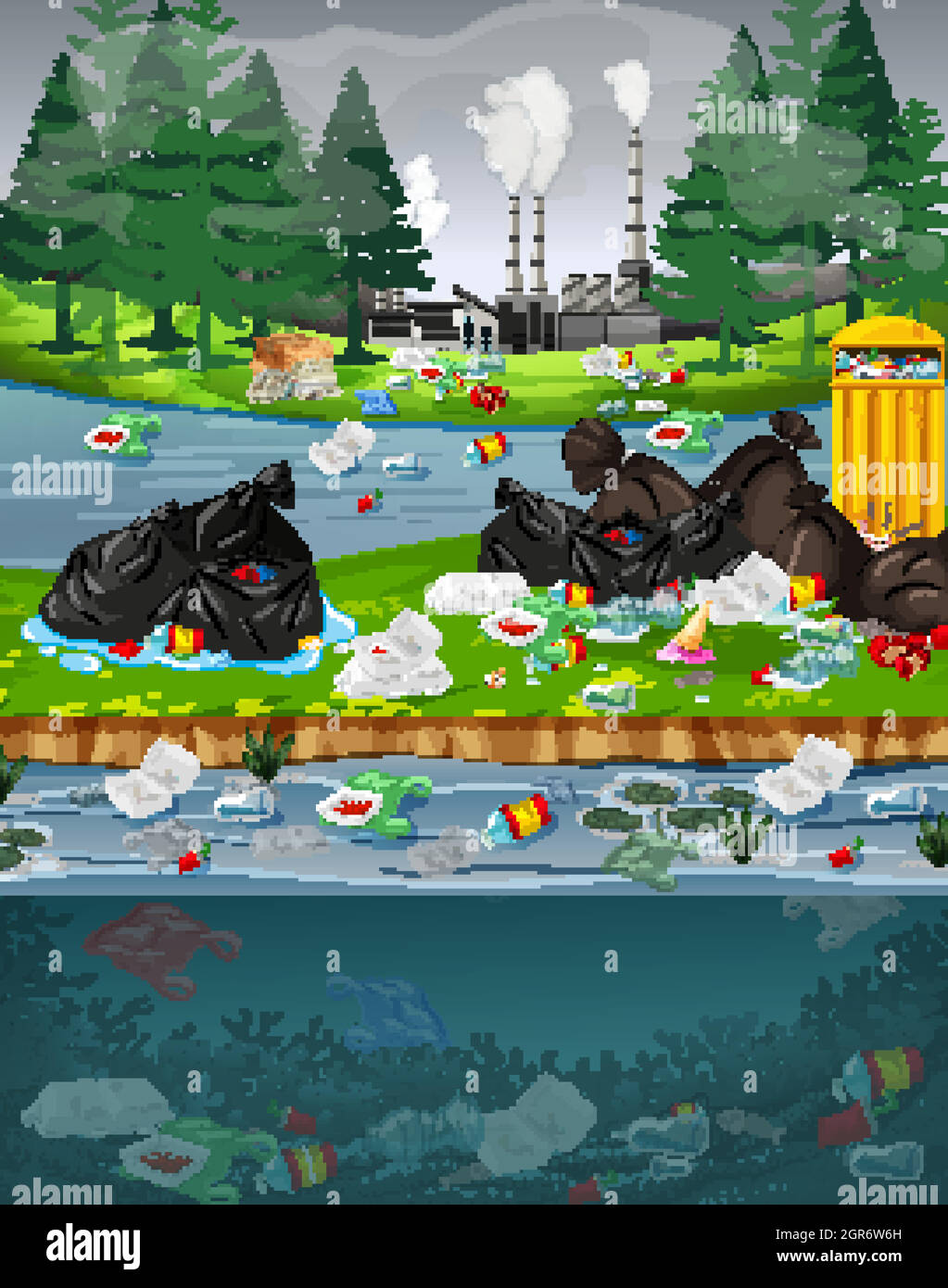 Inquinamento idrico con sacchi di plastica nel parco Illustrazione Vettoriale
