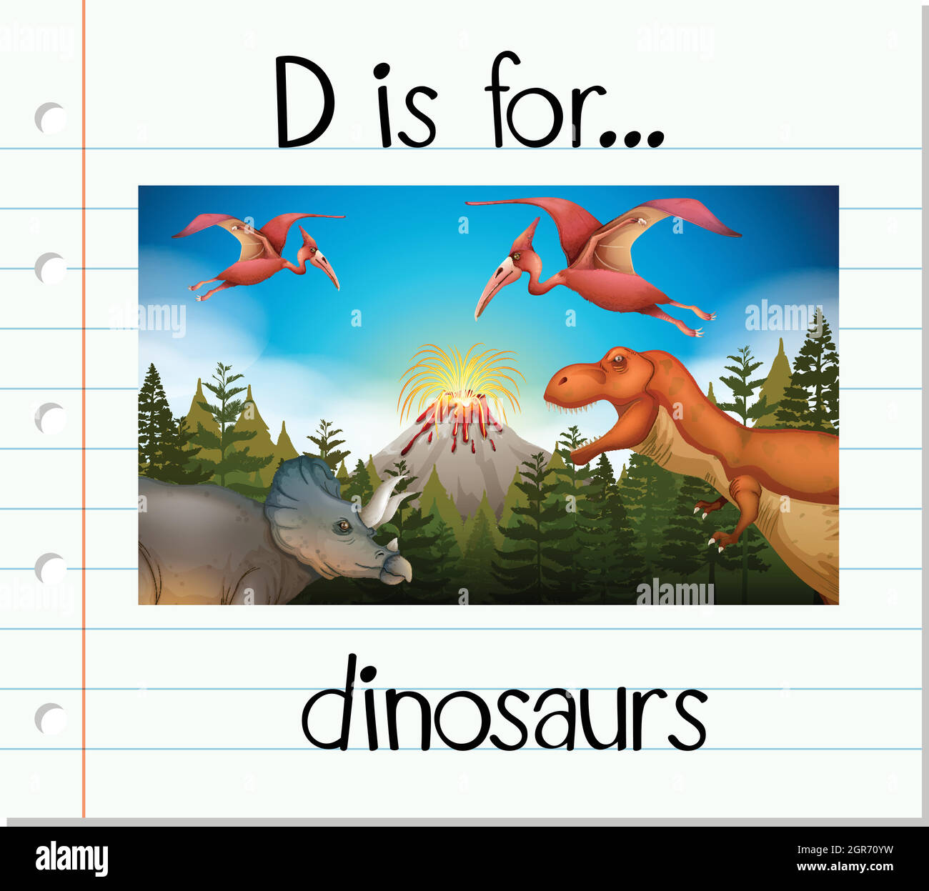 La lettera D della flashcard è per i dinosauri Illustrazione Vettoriale