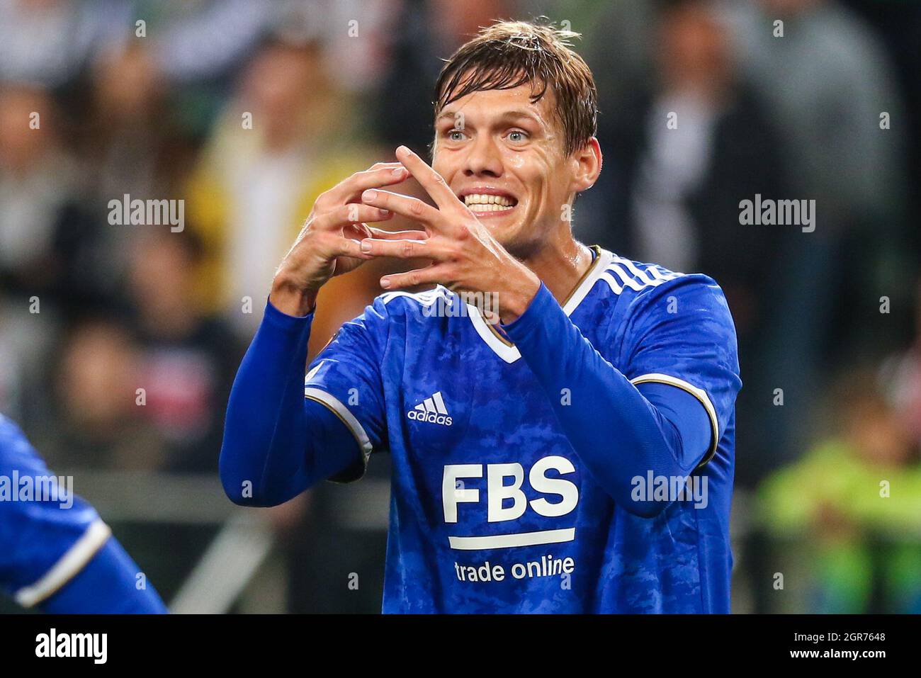 Varsavia, Polonia. 30 settembre 2021. Janik Vestergaard di Leicester reagisce durante la partita di calcio del Gruppo C Europa League tra Legia Warsaw e Leicester City a Varsavia, Polonia, 30 settembre 2021. Credit: Adam Starszynski/Xinhua/Alamy Live News Foto Stock