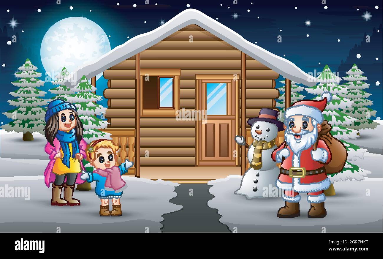 Bambini felici e santa clouse di fronte alla casa nevicante Illustrazione Vettoriale