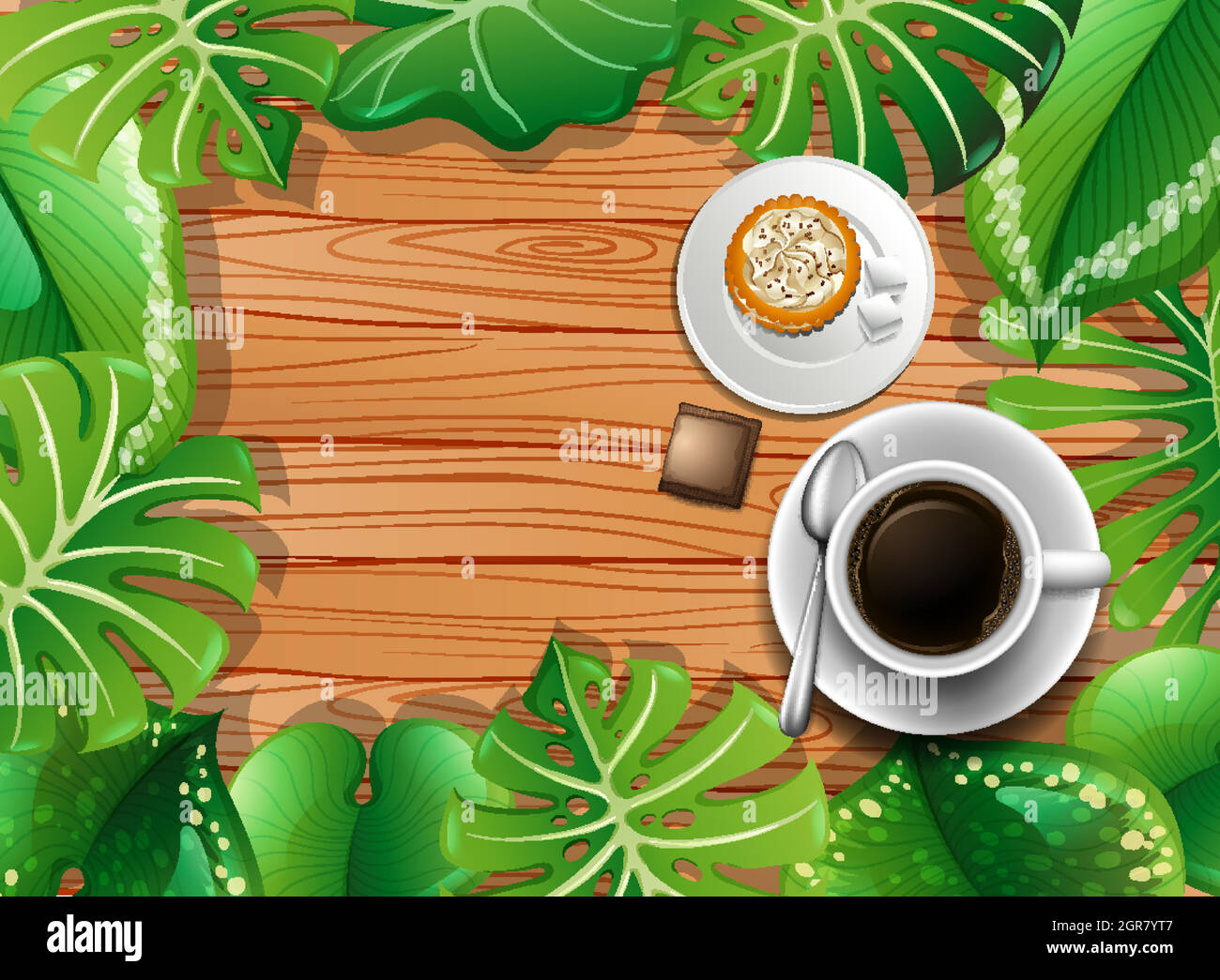 Vista dall'alto del tavolo in legno con dessert e caffè e foglie Illustrazione Vettoriale
