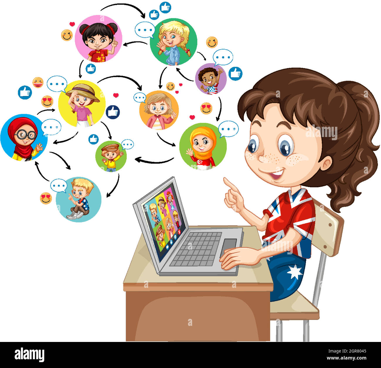 Una ragazza che usa un portatile per comunicare una videoconferenza con gli amici su sfondo bianco Illustrazione Vettoriale