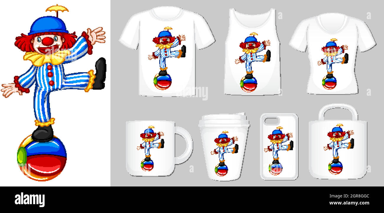 Grafica di clown su diversi tipi di modelli di prodotto Illustrazione Vettoriale