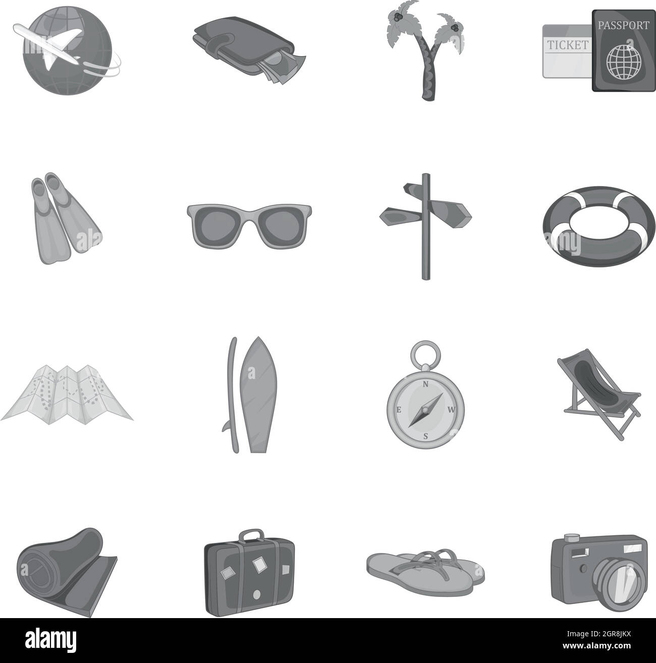 Estate viaggio set di icone, nero stile monocromatico Illustrazione Vettoriale