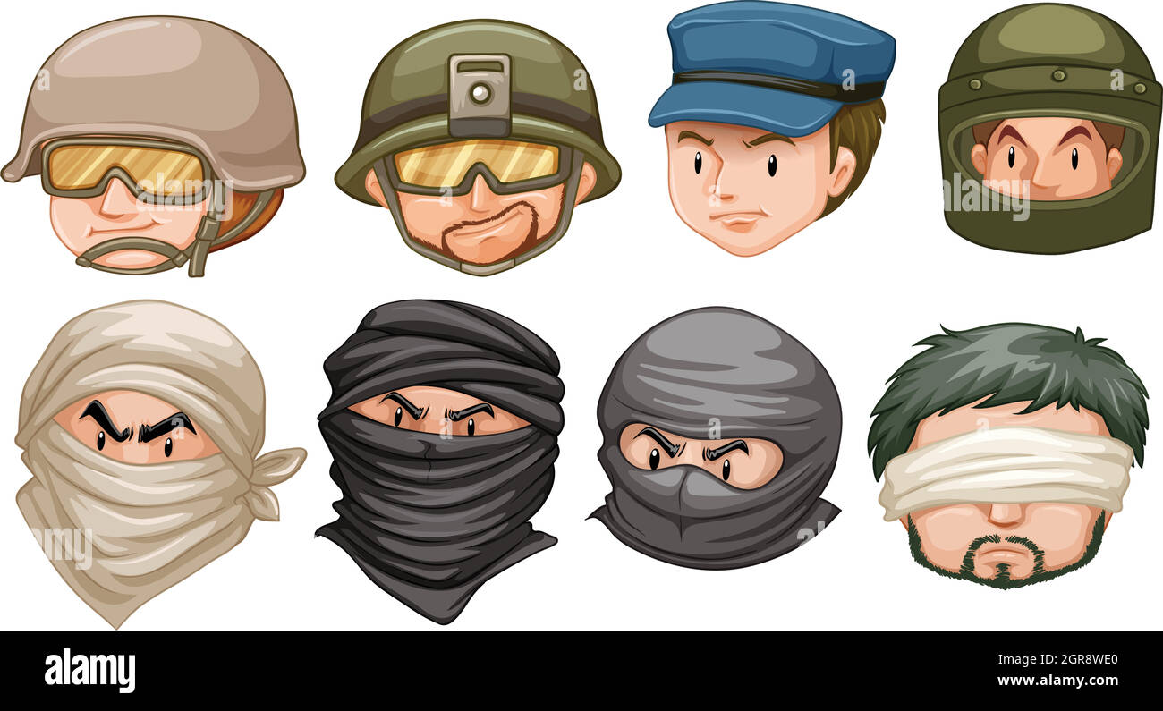 Facce di terroristi e soldati Illustrazione Vettoriale