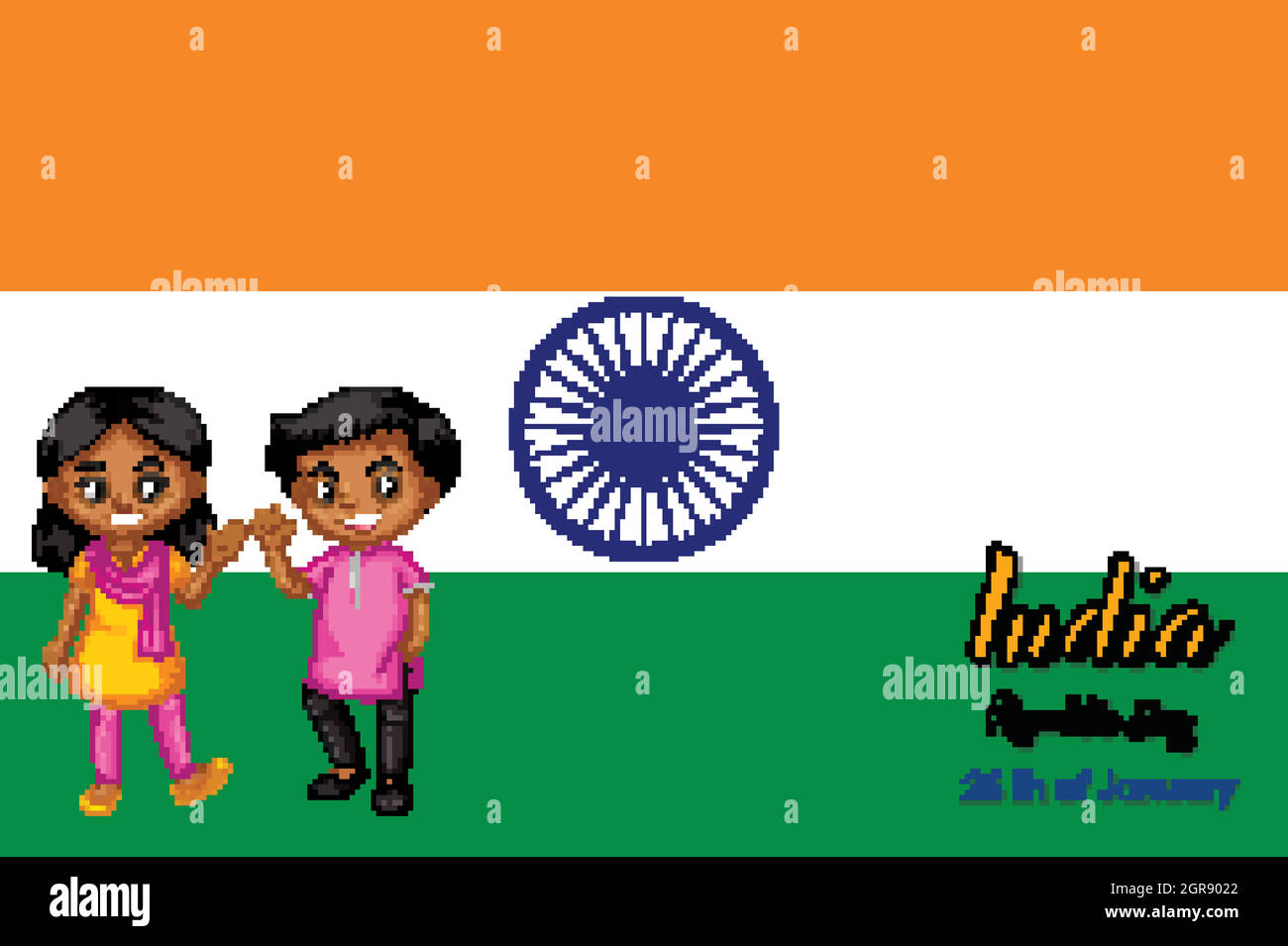 India repubblica giorno poster design con bandiera sullo sfondo Illustrazione Vettoriale