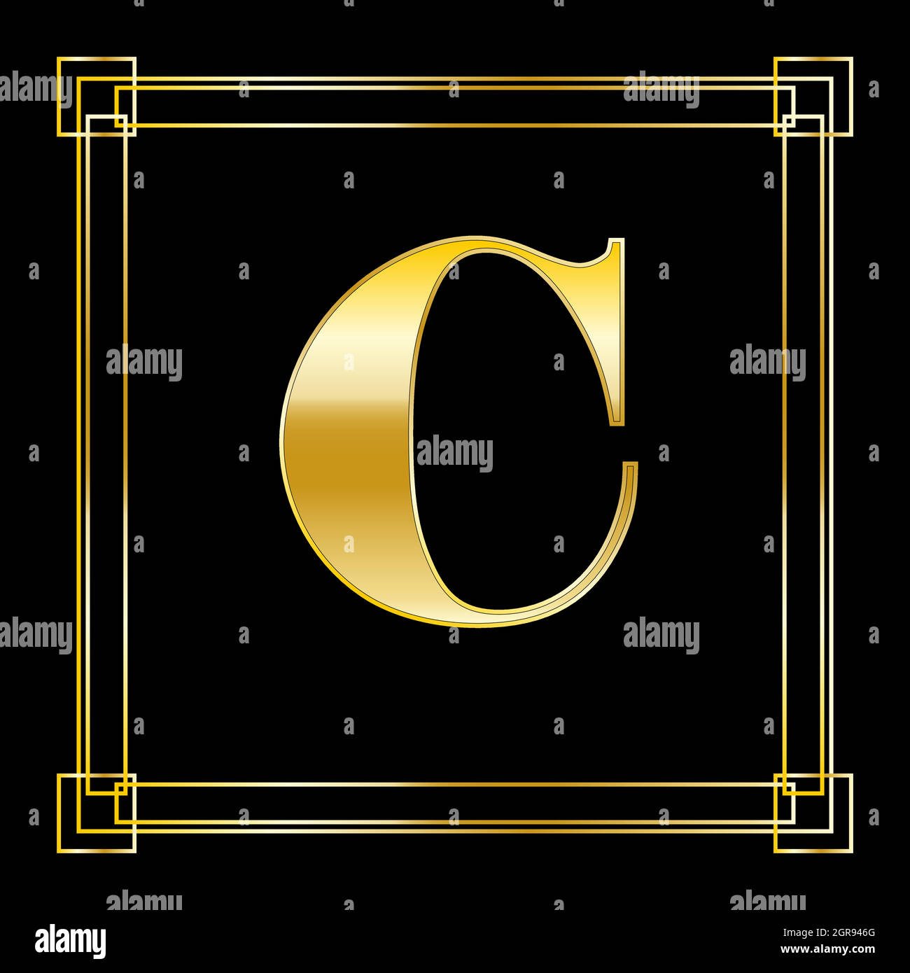 Logo lettera C con ornamento quadrato, design dorato di lusso Illustrazione Vettoriale