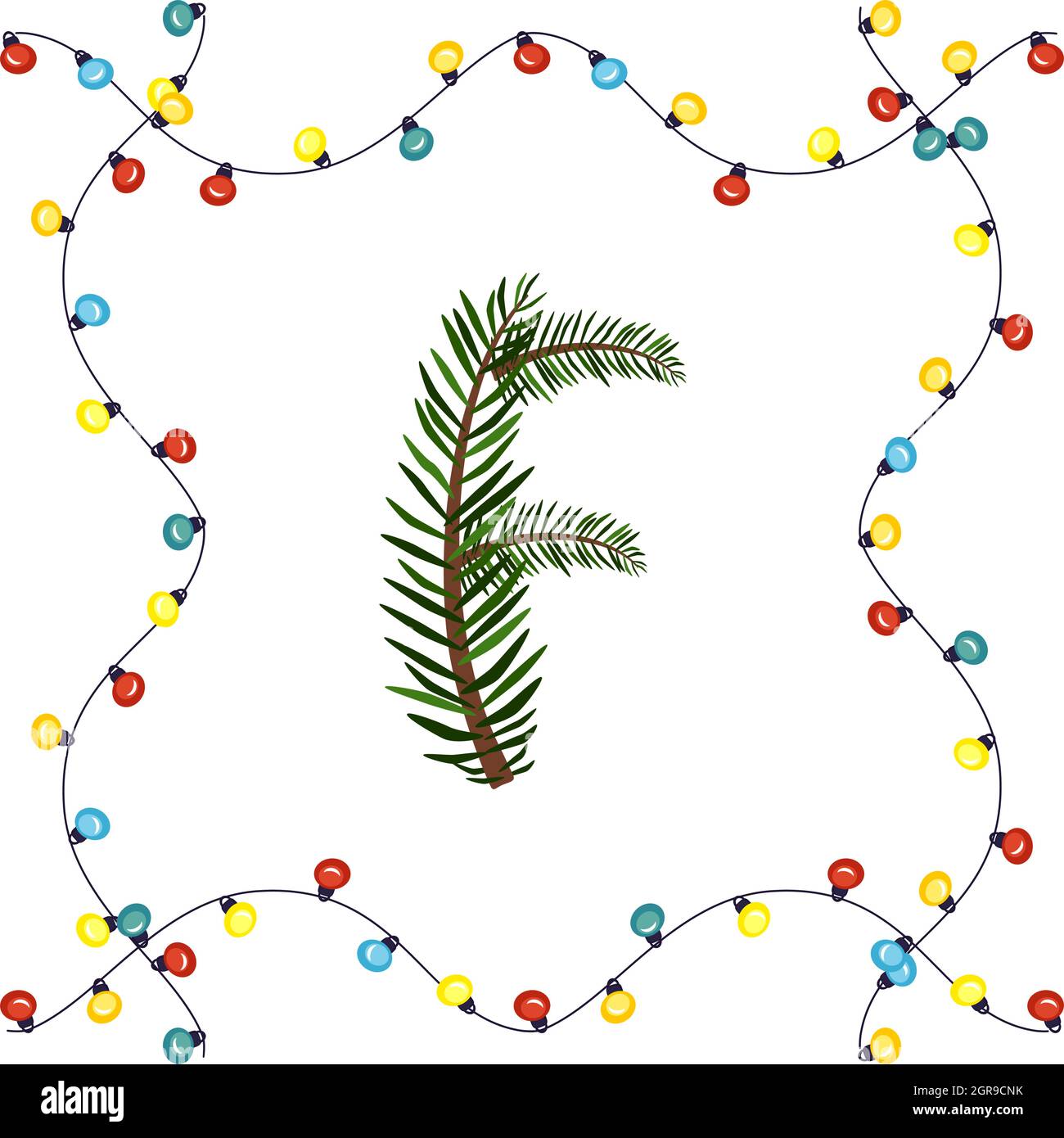 Lettera F da rami verdi dell'albero di Natale. Carattere festivo e cornice da ghirlanda, simbolo di Felice anno nuovo e Natale, segno dall'alfabeto Illustrazione Vettoriale