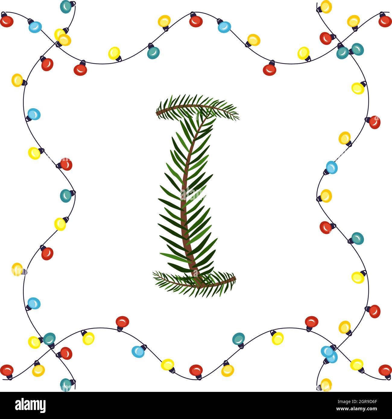 Lettera i da rami verdi dell'albero di Natale. Carattere festivo e cornice da ghirlanda, simbolo di Felice anno nuovo e Natale, segno dall'alfabeto Illustrazione Vettoriale