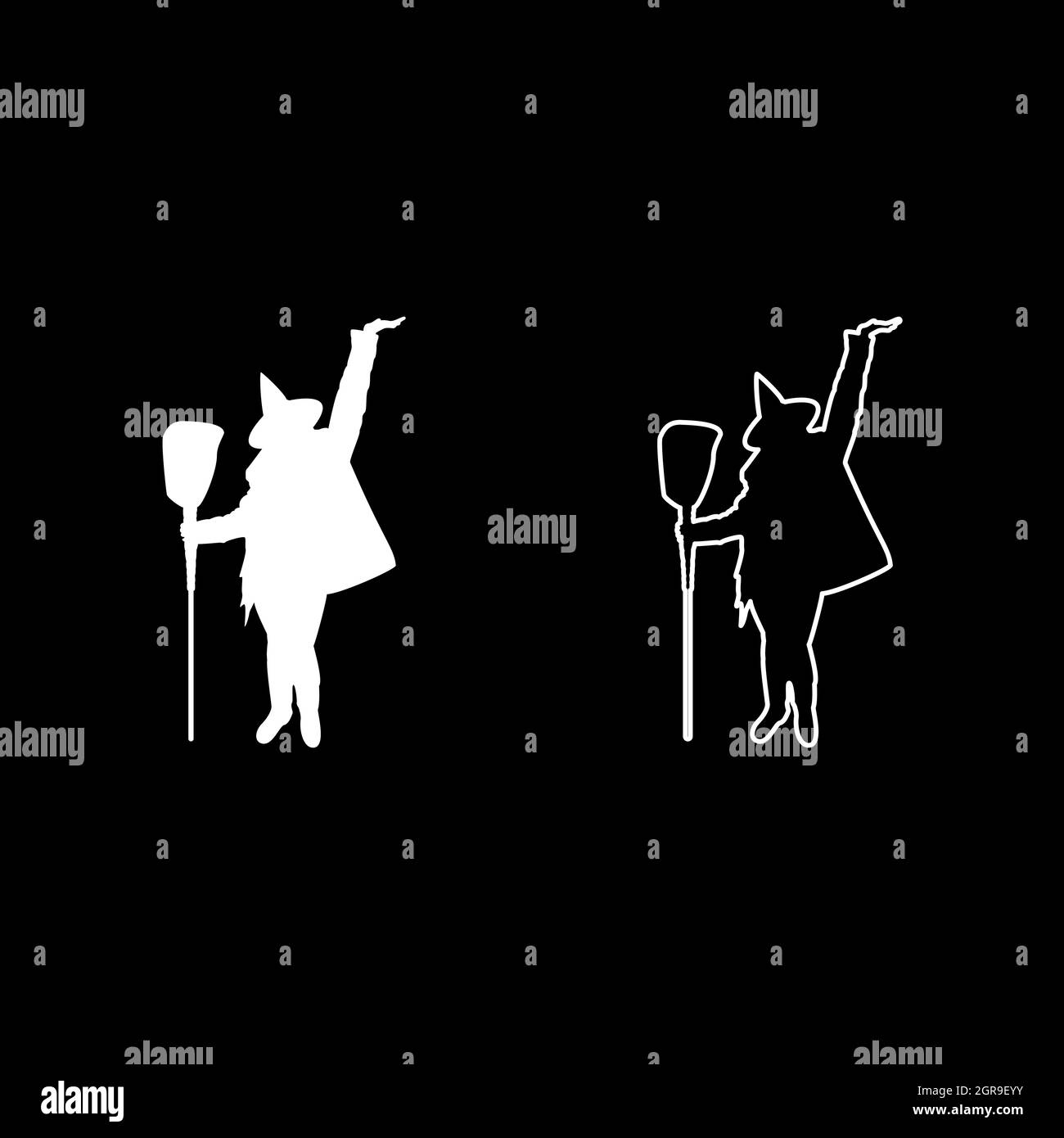 Fata Wizard Witch in piedi con scopa soggetto per Halloween concetto silhouette bianco colore vettore illustrazione solido contorno stile immagine Illustrazione Vettoriale